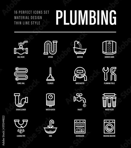 Plumbing thin line icons set. Water meter, bathtub, sink, water filter, faucet, washing machine, dishwasher, siphon, shower cabin, pipe, ball valve. Vector illustration.