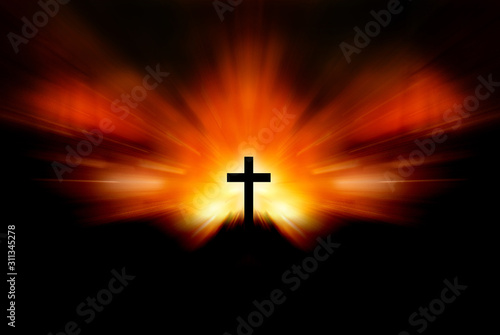 calvary on a mountain side at sunset