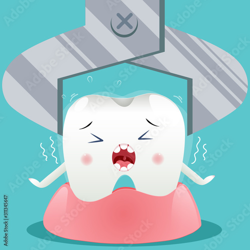Cute cartoon with tooth extraction character cleaning itself with dental floss, oral dental hygiene, children dentistry concept. Vector Illustration