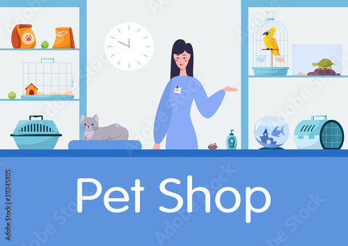 Pet shop counter interior with female worker seller.