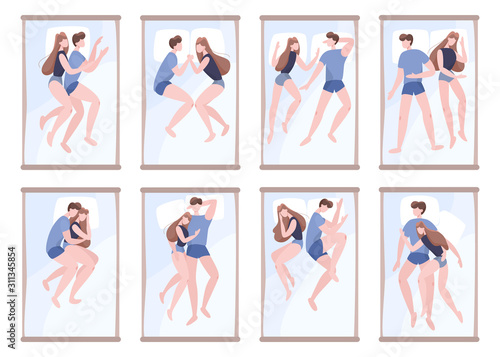 Couple sleep in different position together. Female and male character
