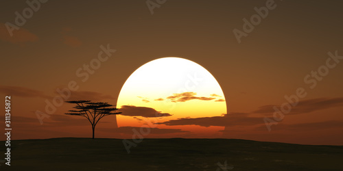 big sun sunset tree landscape  3d illustrations