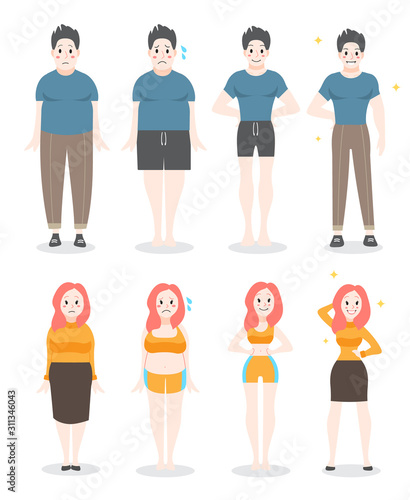 From fat to fit concept. Woman and man with obesity lose weight.