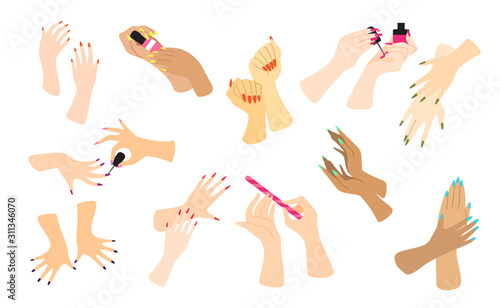 Hand applying nail polish set. Collection of hand making manicure.