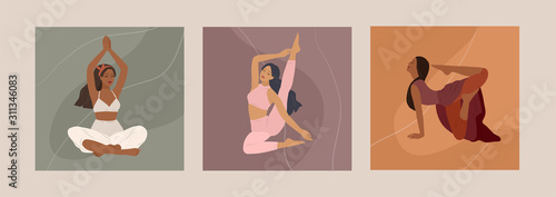 Feminine concept. Cute girl doing yoga poses. Lifestyle by young woman. Fashion illustration by femininity, beauty and mental health. Vector cartoon