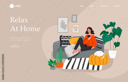 Landing page template with girl sitting and resting on the couch with a cat and coffee. Daily life and everyday routine scene by young woman in scandinavian style cozy. Cartoon vector