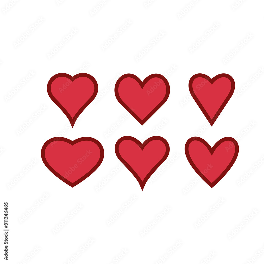 Set of red hearts icons. Love symbols. Vector illustration.