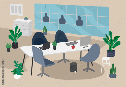 Office with houseplants vector illustration . Coworking workspace interior design in nordic or Scandinavian style. Workers desks with rolling chairs. Laptops and potted