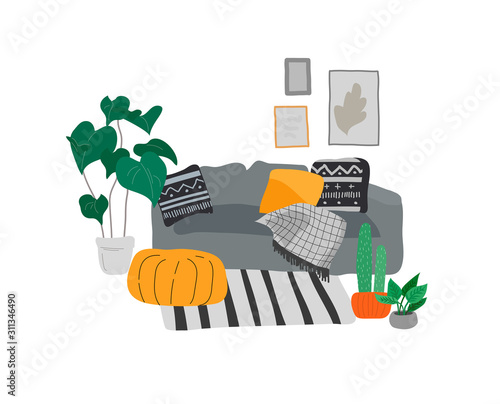 Girl girl sitting and resting on the couch with a cat and coffee. Daily life and everyday routine scene by young woman in scandinavian style cozy interior with homeplants. Cartoon vector