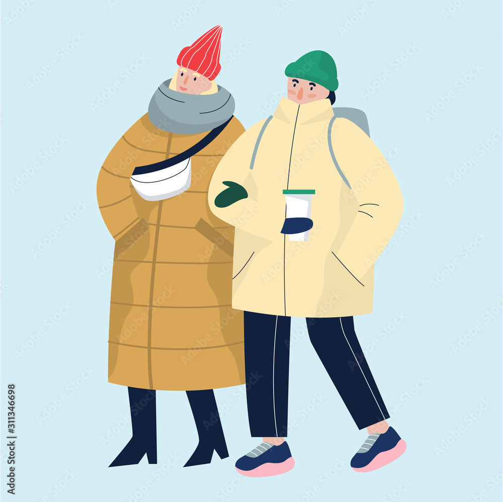 Isolated vector illustration of people wearing warm winter clothes