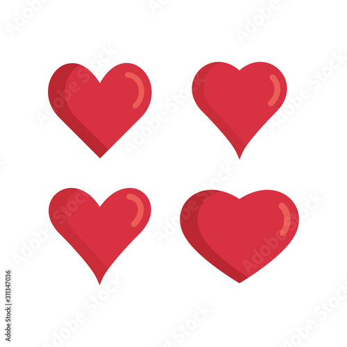 Set of red hearts icons. Love symbols. Vector illustration.