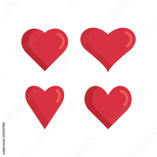 Set of red hearts icons. Love symbols. Vector illustration.