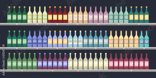 Supermarket shelves with various products. Groceries on shelves.