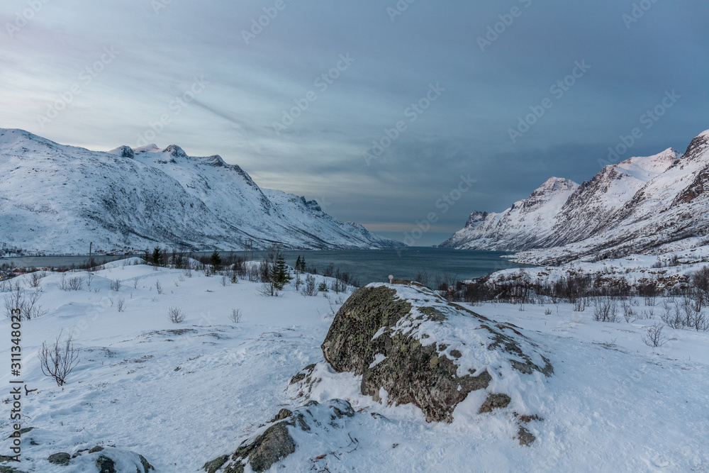 beautiful view over fjord. Tromso, Norway. Polar night. long shutter speed
