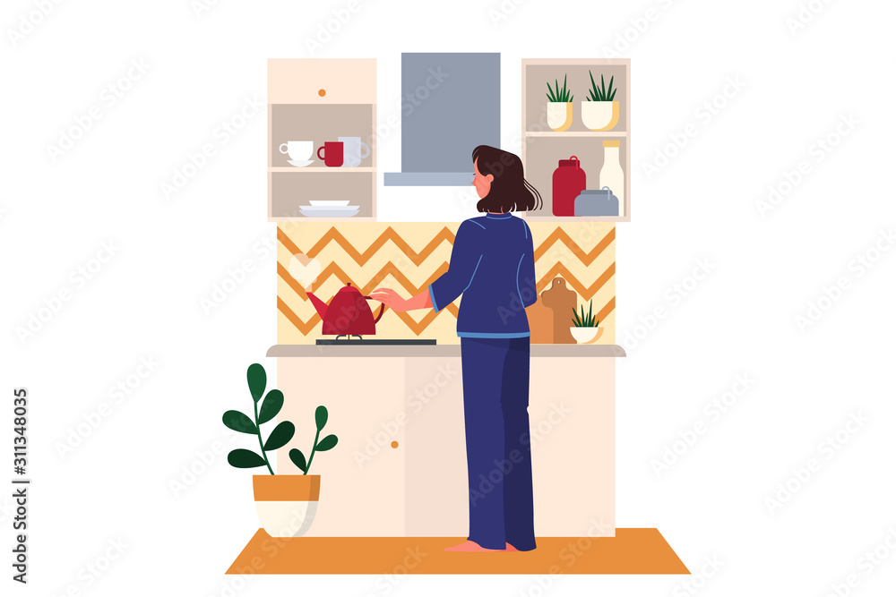 Vector illustration of a woman making tea. Female character standing Vector illustration of a woman making tea. Female character standing