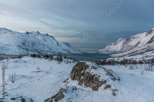 beautiful view over fjord. Tromso  Norway. Polar night. long shutter speed