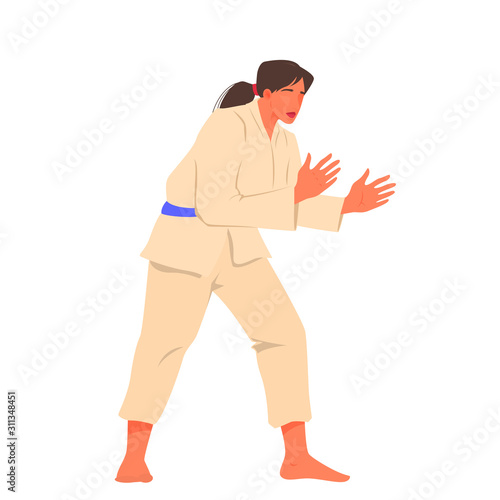 Vector illustration of female athlete in kimono practice karate.