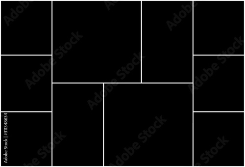 Photo collage template consisting of 10 parts. Symmetric empty square frames for album, gallery. Vector illustration.