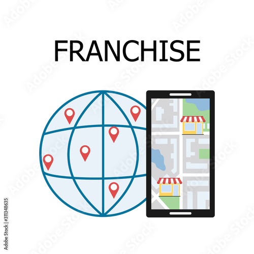 Franchise concept, business model, technology use, franchisor brand. Smartphone with detailed city map and retail outlets. World globe with geolocation points. Vector illustration isolated on a white.