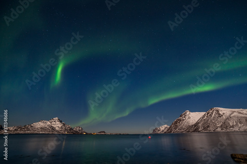 winter landscape with aurora  sea with sky reflection and snowy mountains. Nature  Lofoten Aurora borealis.