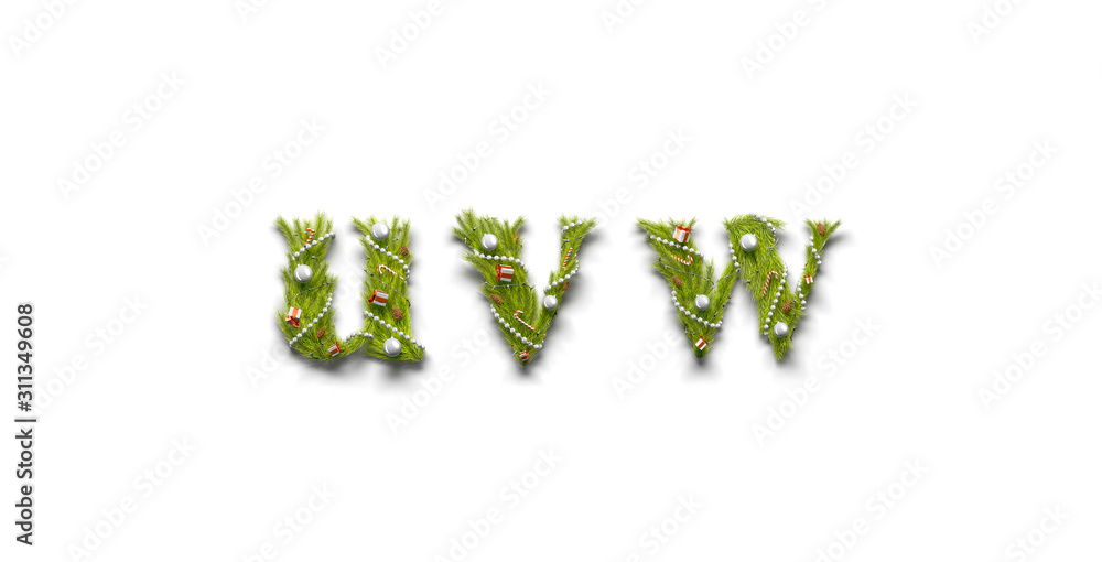 Decorative u v w lowercase xmas letter mockup font isolated Decorative u v w lowercase xmas letter mockup font isolated