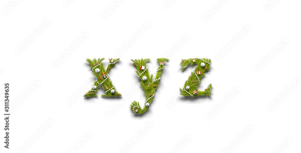 Decorative xyz lowercase letters, new year font mockup isolated Decorative xyz lowercase letters, new year font mockup isolated