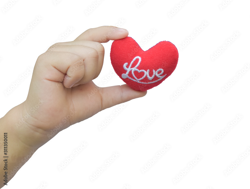 Child hand holding red heart isolated on white background. Offering love for Valentines and Mother's day Child hand holding red heart isolated on white background. Offering love for Valentines and Mother's day