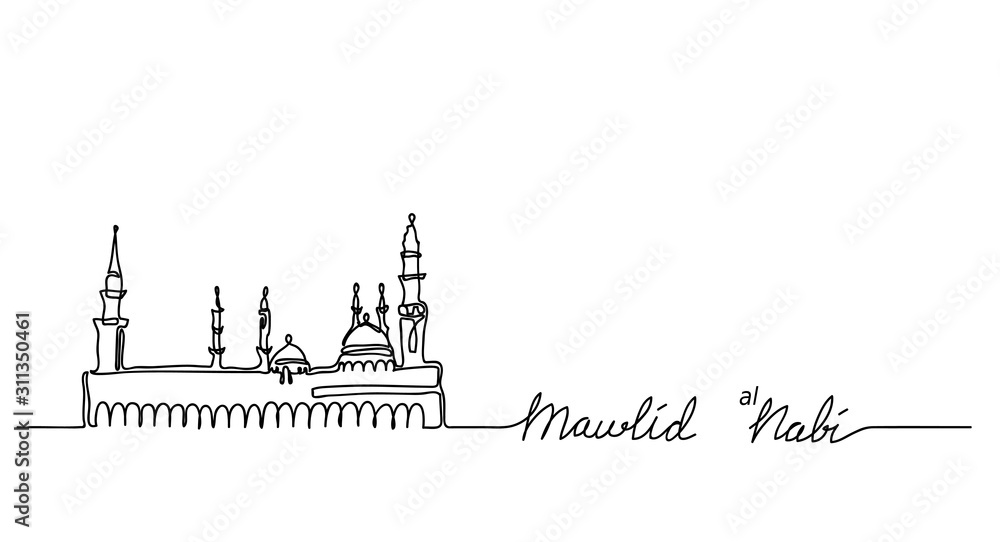 Mawlid An Nabi (prophet birth). Muhammad prophet birth background. Mosque Nabawi one continuous line drawing.