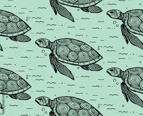 Seamless texture with turtle. Repeating pattern. Sea turtle theme.