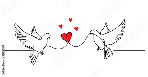 Dove, pigeon couple with  heart.  Love concept ,vector simplicity.  Continuous one line drawing banner with doves.