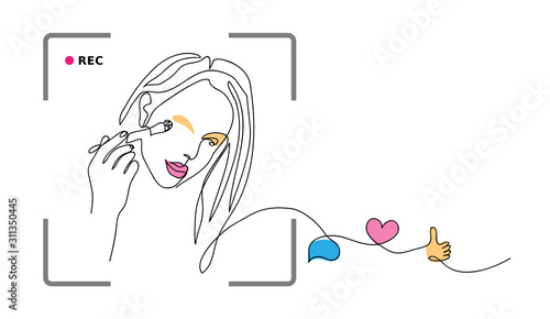 Makeup blogger girl.  Vector simple illustration girl with brush, cosmetics review. Minimal concept with rec, like, thumb up, heart, comment .