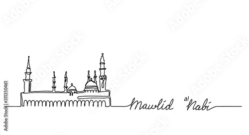 Mawlid An Nabi (prophet birth). Muhammad prophet birth background. Mosque Nabawi one continuous line drawing. photo