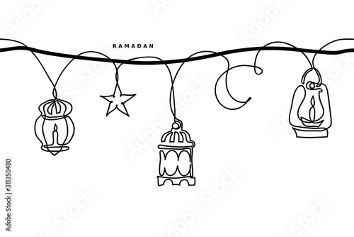 Ramadan simple black and white seamless vector border. Lantern, half moon, star garland. Ramadan minimal one continuous line drawing background.