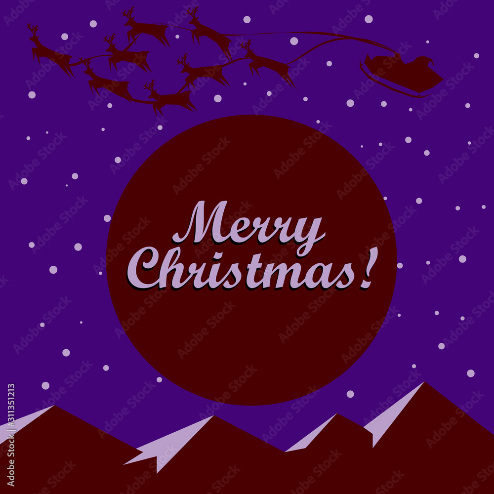 Naklejka premium Santa claus flying on sleigh with reindeer, christmas night, mountains. dark red and violet colors