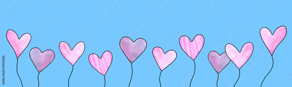 Long horizontal banner with balloons hearts. Bright, festive, cheerful summer, spring background for birthday, Valentine's day, congratulations, declarations of love