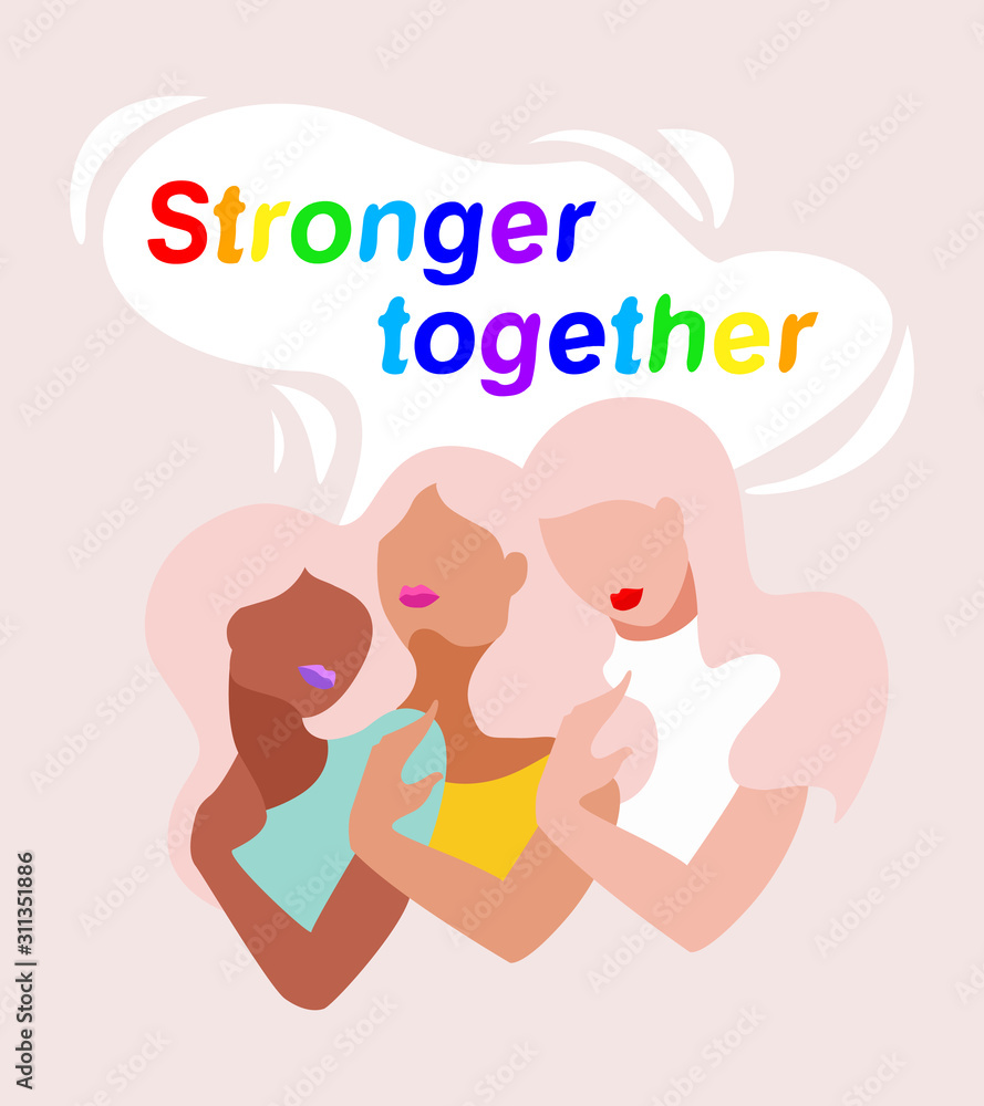 Diverse interracial women. Stronger together. Girls power concept, feminine and feminism ideas, woman empowerment and cards design, motivation. Beauty women in flat style stock vector illustration. Diverse interracial women. Stronger together. Girls power concept, feminine and feminism ideas, woman empowerment and cards design, motivation. Beauty women in flat style stock vector illustration.