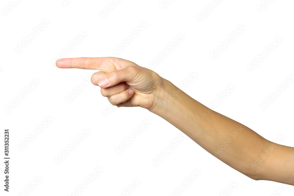 Female hand points or pushes something with the index finger on a white isolated background Female hand points or pushes something with the index finger on a white isolated background