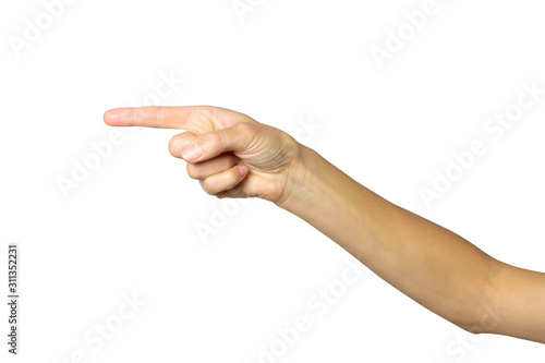 Female hand points or pushes something with the index finger on a white isolated background