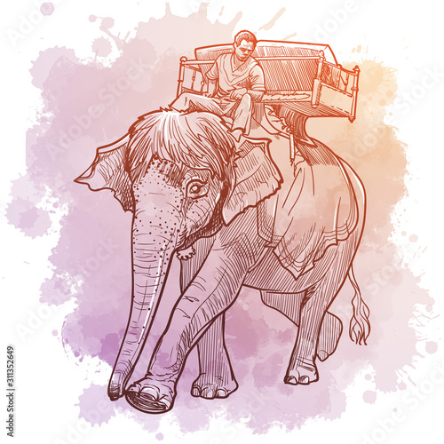 Elephany keeper or mahout riding an Indian elephant in Angkor Wat, Cambodia. Linear sketch on a watercolor textured background. Vintage design. Travel sketchbook drawing. EPS10 vector