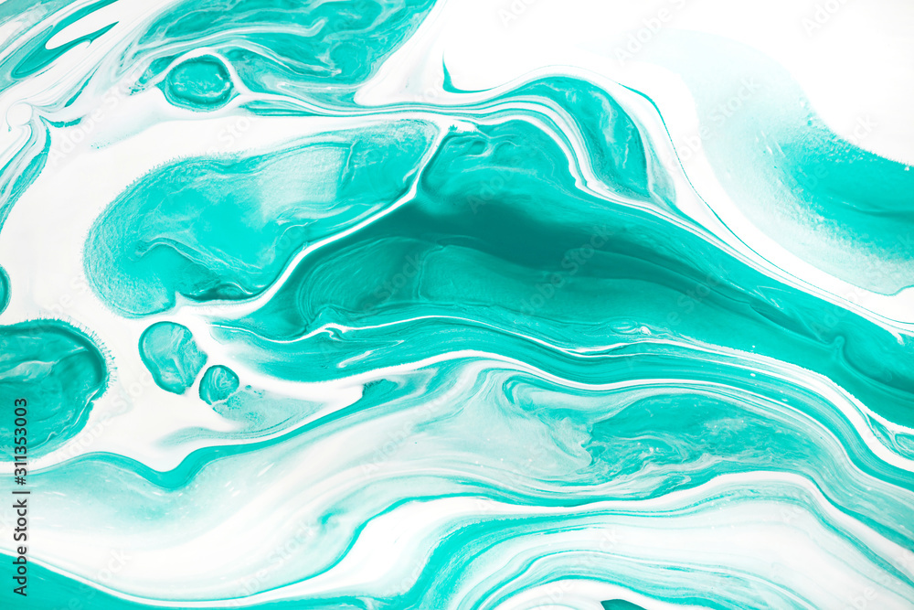 Plakat Mint green and white paint marbling flow background.