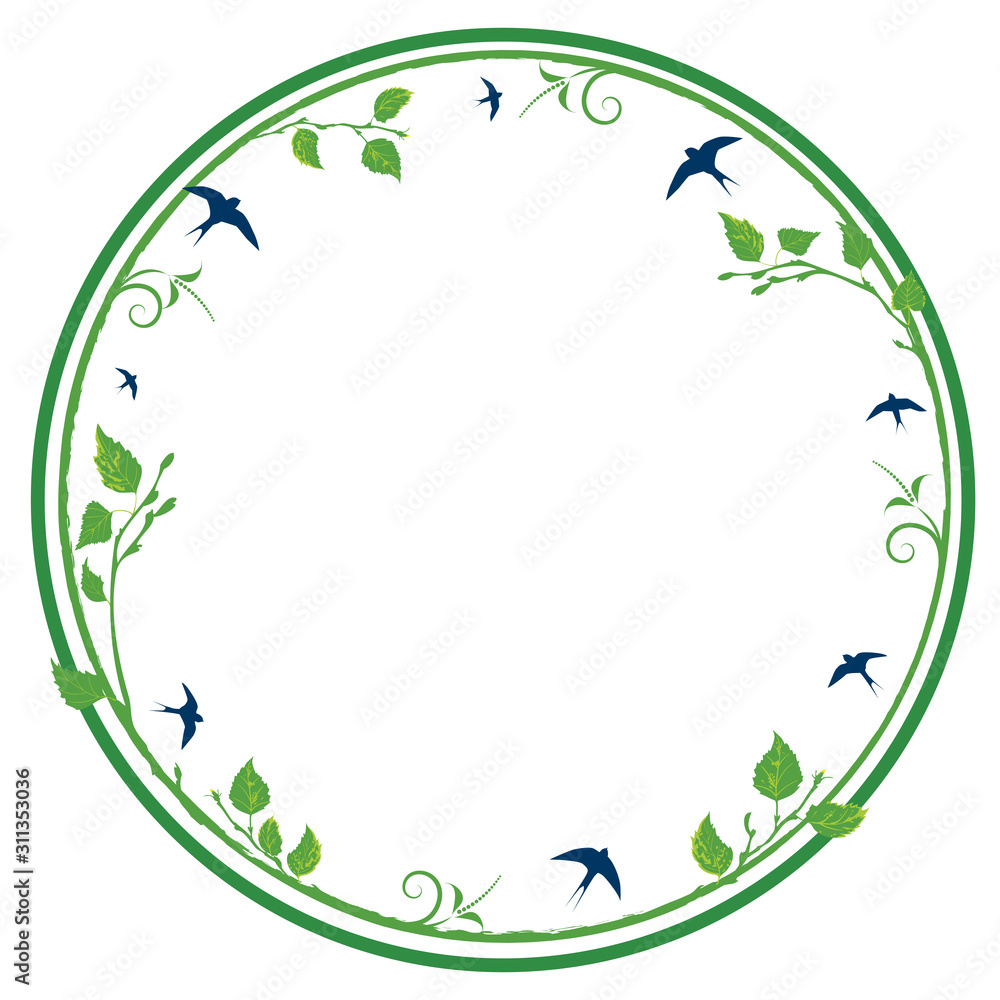 vector round frame with swallows and branch of birch tree vector round frame with swallows and branch of birch tree