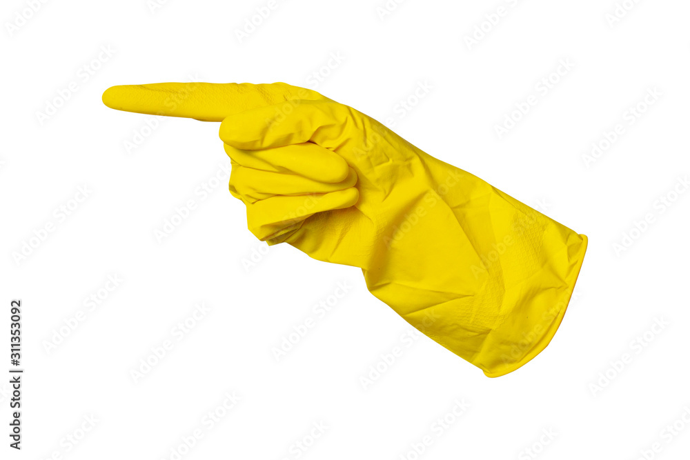 Yellow rubber glove for cleaning shows a gesture on a white isolated background. One finger. Forefinger. Hand points or clicks on anything Yellow rubber glove for cleaning shows a gesture on a white isolated background. One finger. Forefinger. Hand points or clicks on anything