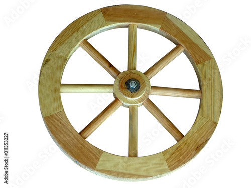 Old brown wooden wagon wheel from a cart isolated over white