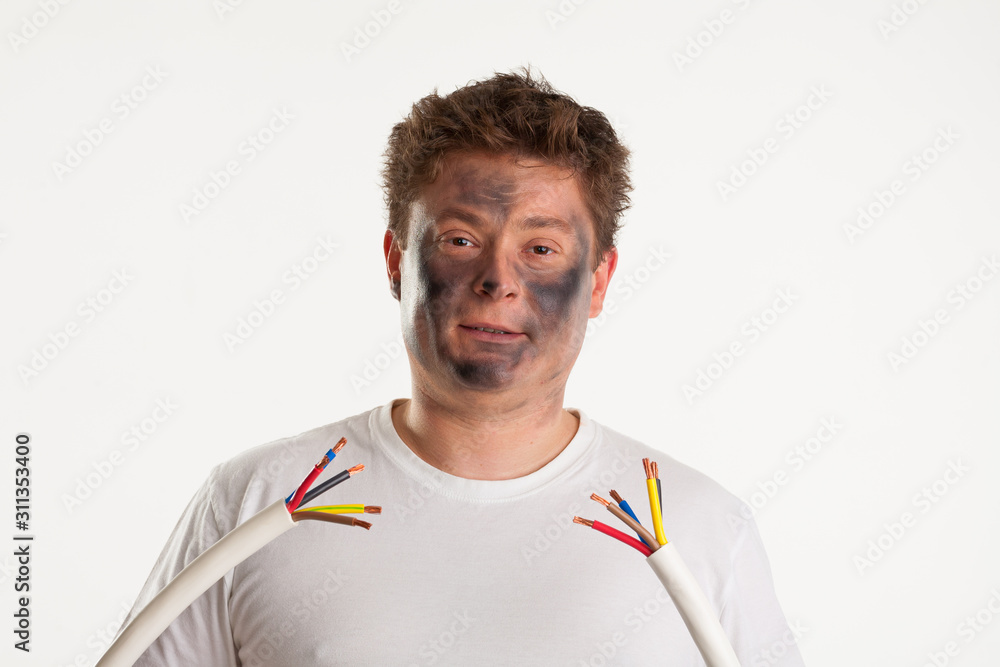 Man holds wires on white background Man holds wires on white background