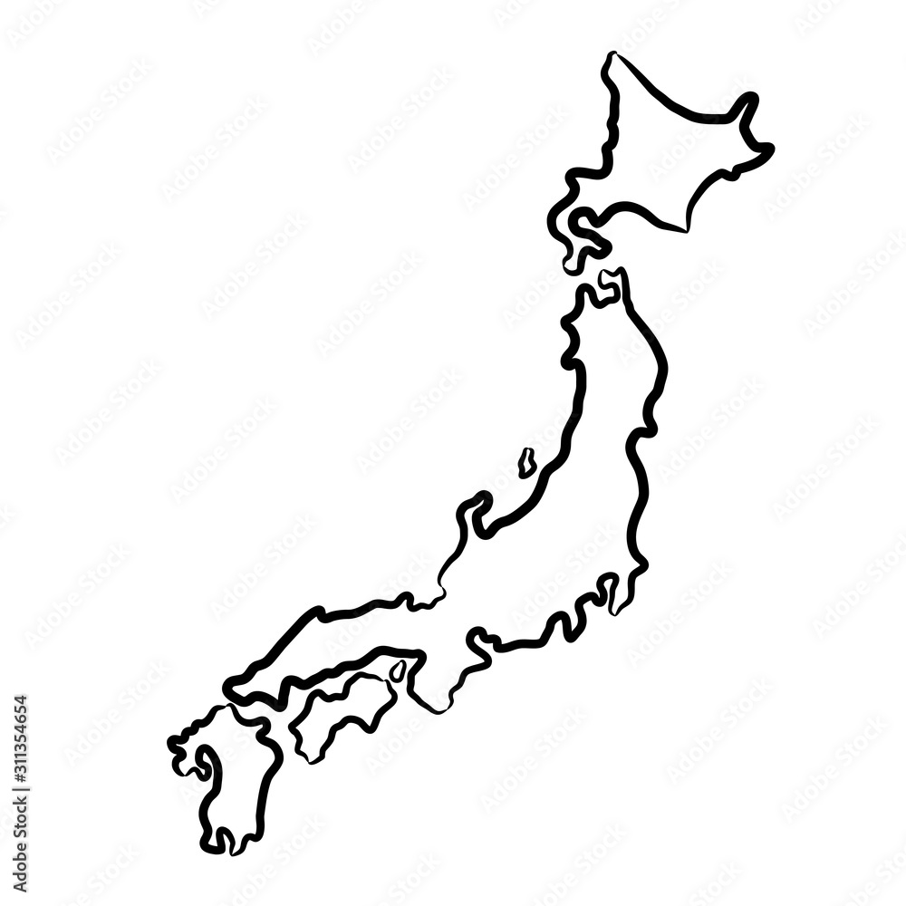 Japan map from the contour black brush lines different thickness on white background. Vector illustration.