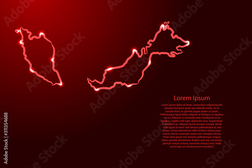 Malaysia map from the contour red brush lines different thickness and glowing stars on dark background. Vector illustration.