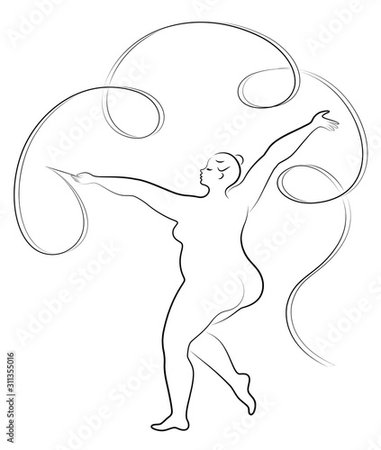 Gymnastics. Silhouette of a girl with a ribbon. The woman is overweight, a large body. The girl is full figured. Vector illustration.