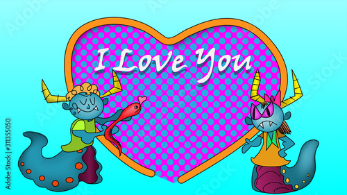 The colorful funny cartoon illustration picture of the in love couple space alien monster with the halftone heart frame background.