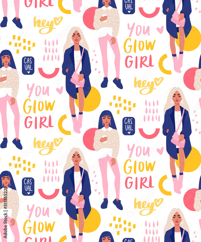 Fototapeta premium Vector seamless pattern with young women in modern style. Young People background.