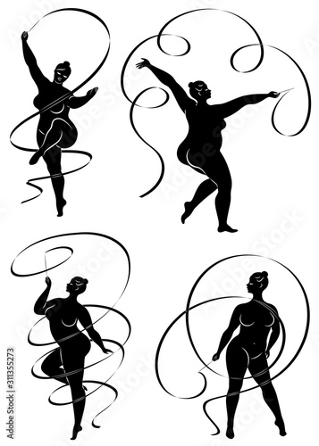 Collection. Gymnastics. Silhouette of a girl with a ribbon. The woman is overweight, a large body. The girl is full figured. Vector illustration set.